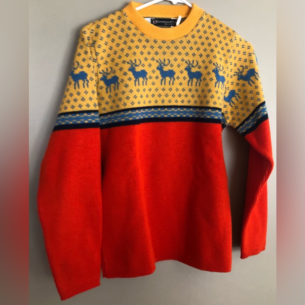 Vintag OBERMEYER Colorful Red & Yellow with Blue Deer Wool Sweater Size S - Picture 1 of 3